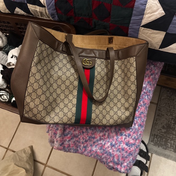 Gucci Handbags - Gucci Beige and Brown Tote with Red and Green Stripe